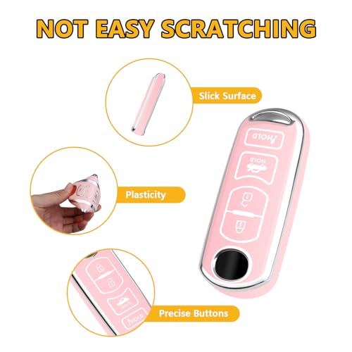 FT FUNTOR for Mazda Key Cover,4 Buttons TPU Key Cover with Silver Edge,Compatible with Mazda 3 6 8 CX-3 CX-5 CX-7 CX-9 atenza Miata MX-5 with Keychain (B-Pink) - Image 4