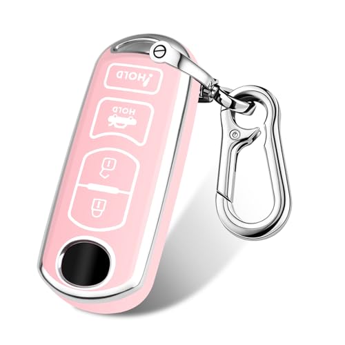 FT FUNTOR for Mazda Key Cover,4 Buttons TPU Key Cover with Silver Edge,Compatible with Mazda 3 6 8 CX-3 CX-5 CX-7 CX-9 atenza Miata MX-5 with Keychain (B-Pink) - Image 1