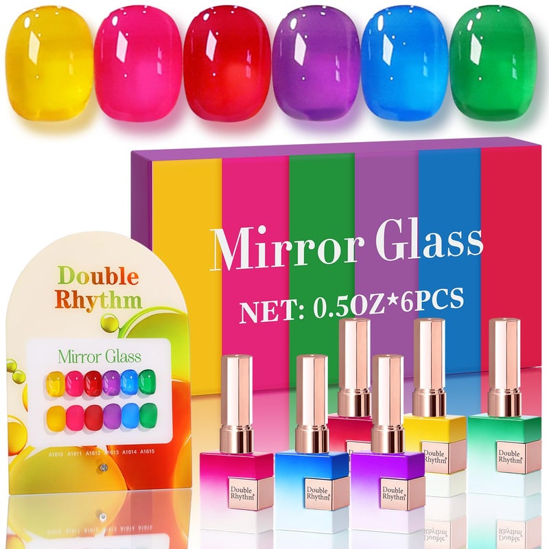 Double Rhythm 6 Pcs 15 ML Gel Polish Set Same Color Same Bottle Soak Off Gel Polish Kit Nail Art Manicure Salon DIY at Home for Women Jelly Yellow Pink Red Purple BlueT625