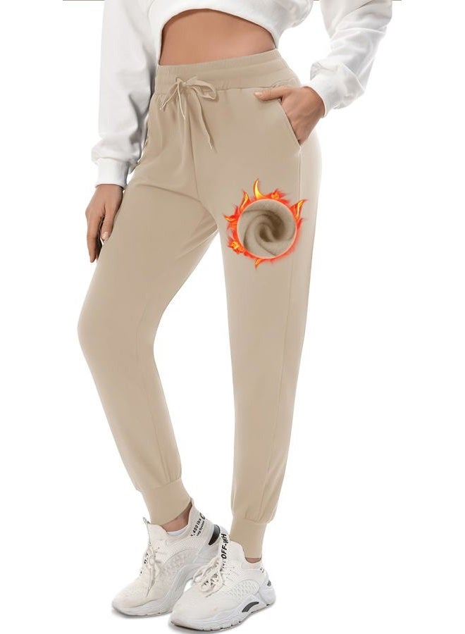 FULLSOFT Fleece Lined Sweatpants for Women-Thermal Athletic Joggers with Pockets Yoga Pants for Running Winter, Light Khaki, L - Image 1