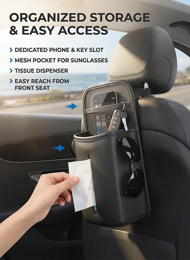 MLADEN Car Seat Side Organizer, Multipurpose PU Leather Tissue Holder & Cup Holder Storage Box with Side Pockets, Front Seat Side Hanging Storage, Leather Tissue Dispenser for Car, SUV, Truck – Black, Durable, Space-Saving - Image 4