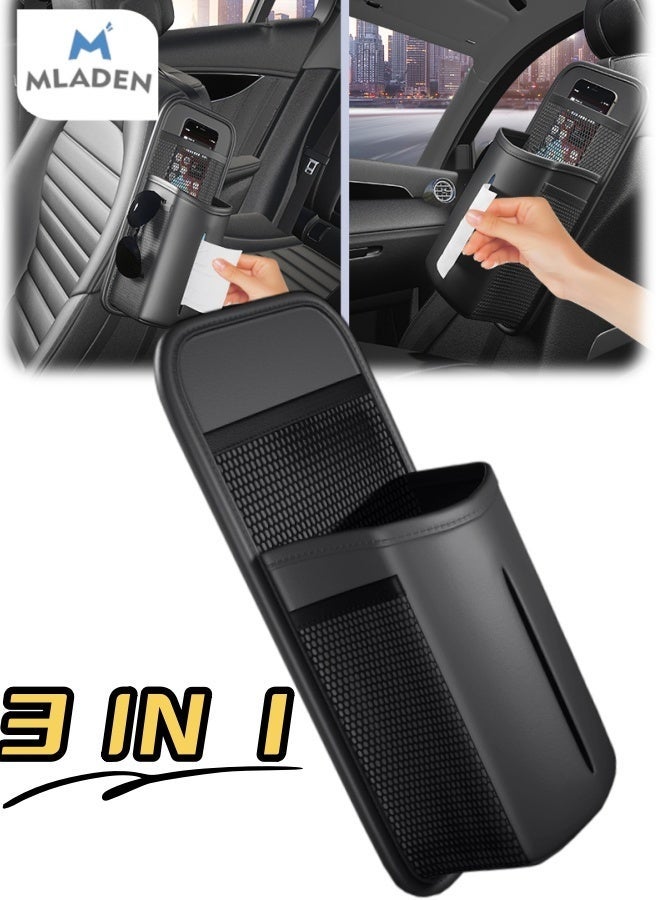 MLADEN Car Seat Side Organizer, Multipurpose PU Leather Tissue Holder & Cup Holder Storage Box with Side Pockets, Front Seat Side Hanging Storage, Leather Tissue Dispenser for Car, SUV, Truck – Black, Durable, Space-Saving - Image 1