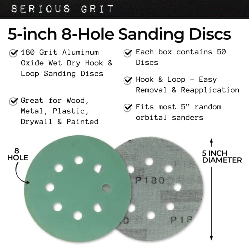 Serious Grit Sanding Discs 5 Inch 8 Hole 180 Grit - Heavy-Duty Hook & Loop Wet Dry Film Sandpaper Discs - Very Fine Sand Paper for Random Orbital Sanders - Wood, Automotive, Metal, etc - 50 Pack Box - Image 2