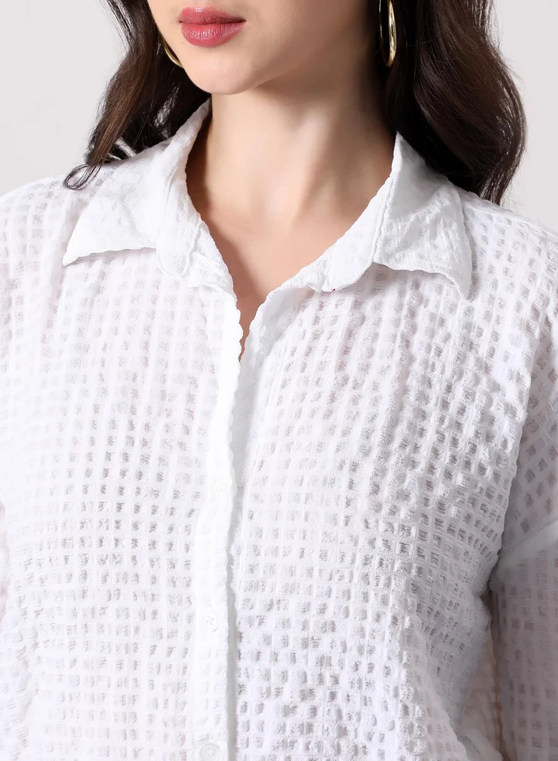 Pinacolada  Women's Cloud White Cubic-Seersucker Oversized Shirt | نساء | أكمام طويلة | سادة | طوق منتشر | كاجوال كبير الحجم | قميص for Women | Best Price UAE