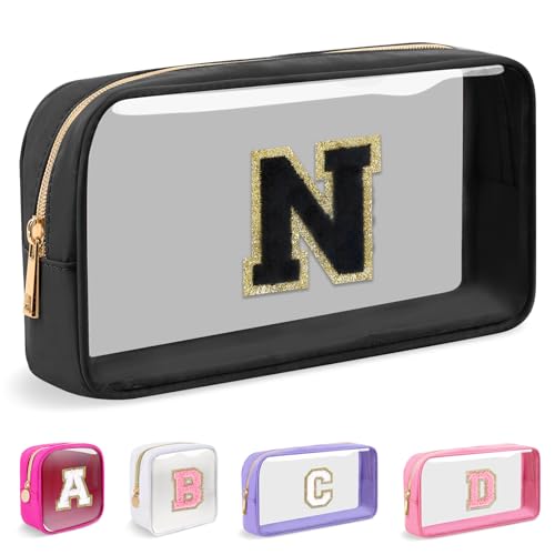 Iqimott Small Clear Personalized Initial Makeup BagNylon Preppy AZ Chenille Letter Patch Cosmetic Pouch Beach Toiletry BagWaterproof Zipper Travel Purse Storage Bag Organizer for Women GirlsBlackBlack N - Image 1