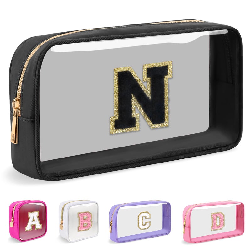 Iqimott Small Clear Personalized Initial Makeup BagNylon Preppy AZ Chenille Letter Patch Cosmetic Pouch Beach Toiletry BagWaterproof Zipper Travel Purse Storage Bag Organizer for Women GirlsBlackBlack N - Image 2