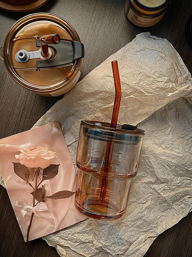Olvini 13oz Glass Tumbler with Straw and Lid, Reusable Iced Coffee Cup Tumbler, Cute Glass Cups for Water, Matcha, Travel Coffee Mugs (Amber - 13oz) - Image 3