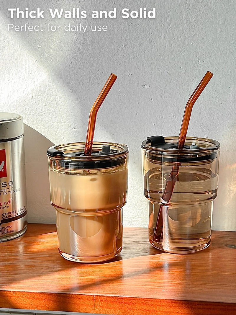 Olvini 13oz Glass Tumbler with Straw and Lid, Reusable Iced Coffee Cup Tumbler, Cute Glass Cups for Water, Matcha, Travel Coffee Mugs (Amber - 13oz) - Image 2