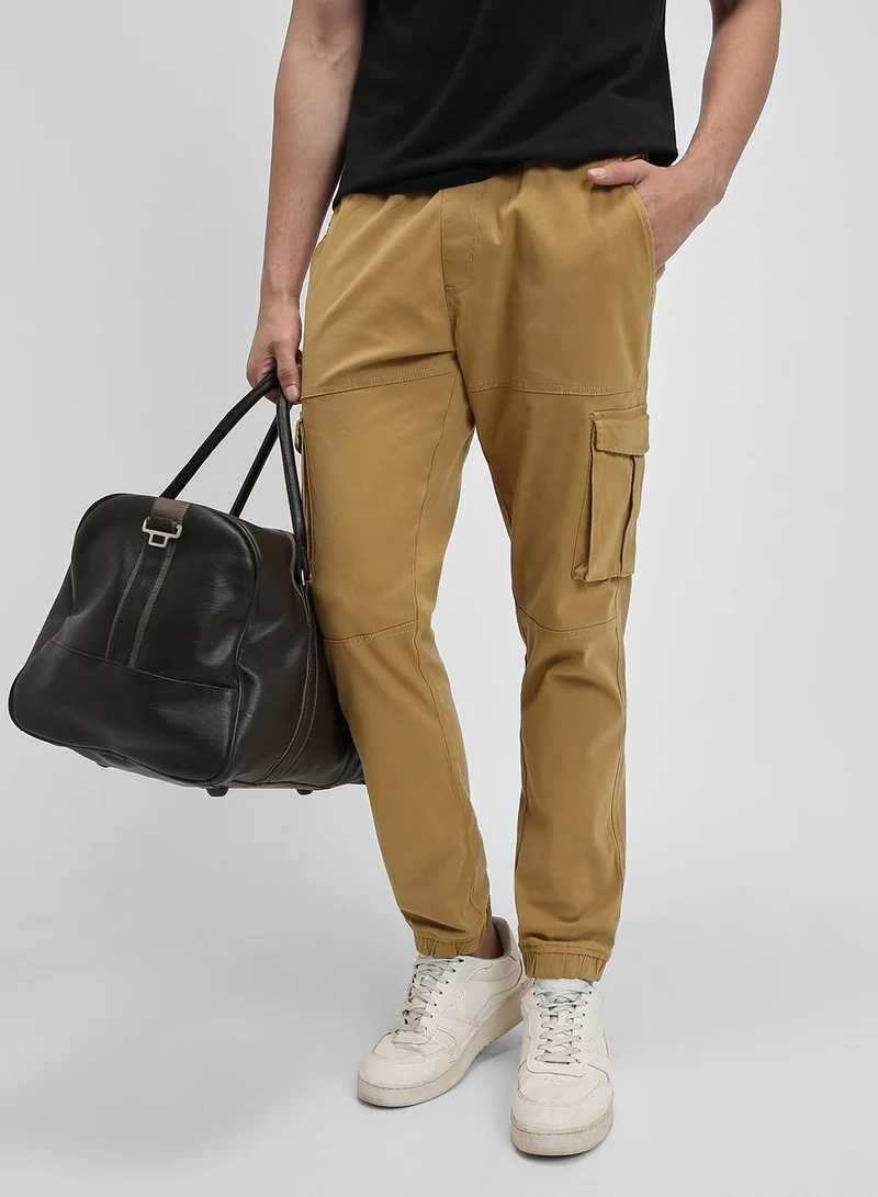 Dennis Lingo Men's Khaki 100% Cotton Solid Pattern Full Length Slim Fit Trouser
