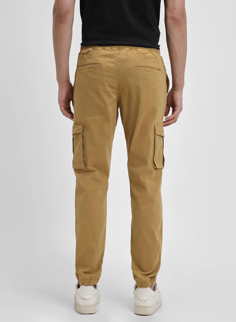 Dennis Lingo Men's Khaki 100% Cotton Solid Pattern Full Length Slim Fit Trouser