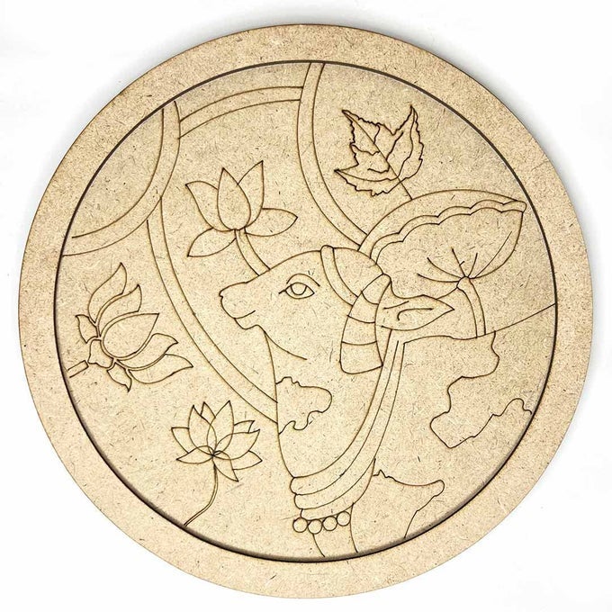 PICHWAI COW LOTUS MDF DESIGN ENGRAVED WALL PLATE WITH FRAME DIY CRAFT SET OF 6