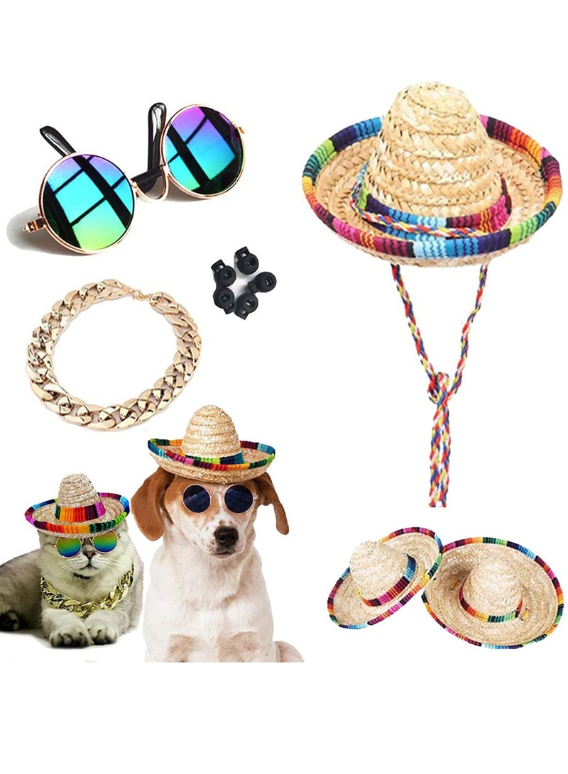 Excefore Dog Hat 3Pcs Mini Sombrero Mexican Hats for Dog Classic Retro Pet Sunglasses and Adjustable Pet Chain Breathable Outdoor Pet Visor Sun Bonnet Outfit Pet Supplies for Small Dog and Cat Straw Hat - Image 1
