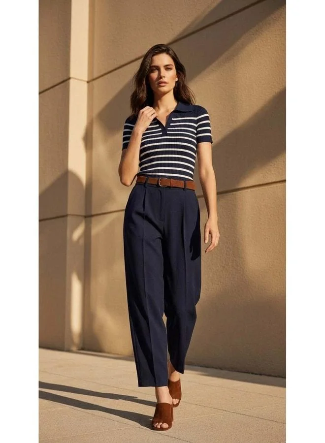 Sherin Navy Polo Collar Striped Knit Sweater
