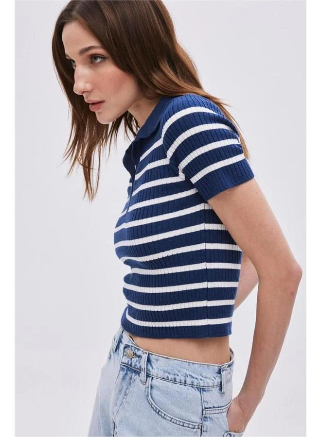 Sherin Navy Polo Collar Striped Knit Sweater