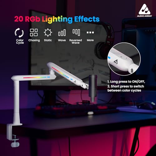 Audio Array AA-19WL RGB Low Profile Boomarm Stand with Riser | 71cm reach & 20 RGB lighting effects & Built-In Cable Management | Matte finish with Flexible adjustments | 2Kg Weight Capacity | White - Image 5