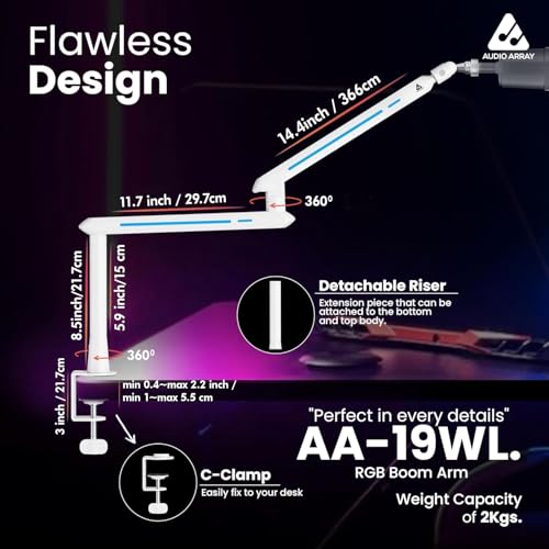Audio Array AA-19WL RGB Low Profile Boomarm Stand with Riser | 71cm reach & 20 RGB lighting effects & Built-In Cable Management | Matte finish with Flexible adjustments | 2Kg Weight Capacity | White - Image 4