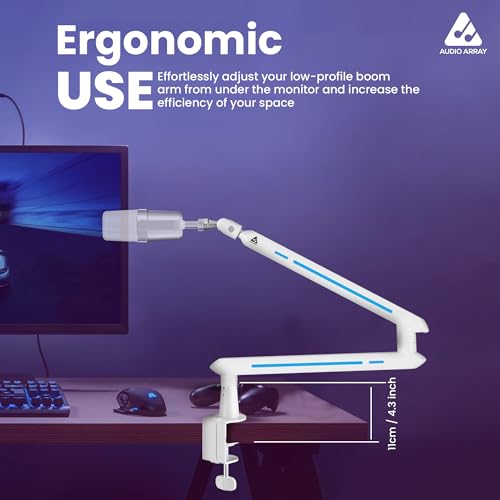 Audio Array AA-19WL RGB Low Profile Boomarm Stand with Riser | 71cm reach & 20 RGB lighting effects & Built-In Cable Management | Matte finish with Flexible adjustments | 2Kg Weight Capacity | White - Image 2