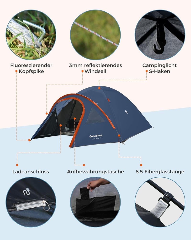 KingCamp Camping Tent 2-4 Man,120-135cm Higher Spacious Tent Lightweight PU3000mm Waterproof Backpacking Dome Tents Easy Set Up, for Family in Traveling, Camping and Outdoor - Image 2
