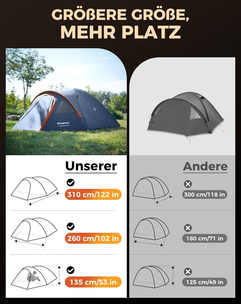 KingCamp Camping Tent 2-4 Man,120-135cm Higher Spacious Tent Lightweight PU3000mm Waterproof Backpacking Dome Tents Easy Set Up, for Family in Traveling, Camping and Outdoor - Image 3