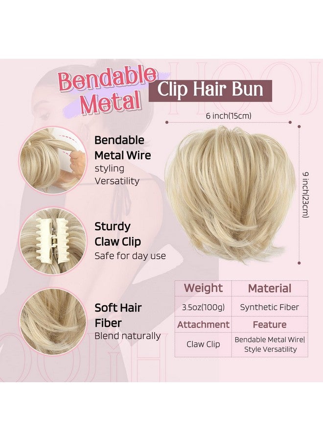 HOOJIH Ponytail Extension, Claw Clip in Straight Hair Bun Messy Bun 9 Inch Short Ponytail Extension with Bendable Metal Wire Hair Pieces for Women Fake Hair Bun - Blonde with White Highlights - Image 2