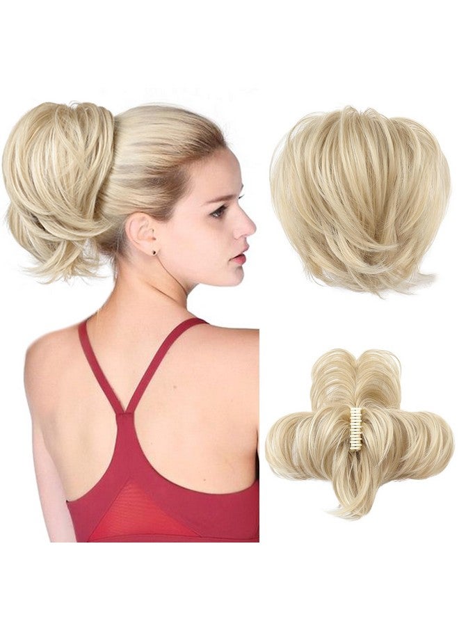 HOOJIH Ponytail Extension, Claw Clip in Straight Hair Bun Messy Bun 9 Inch Short Ponytail Extension with Bendable Metal Wire Hair Pieces for Women Fake Hair Bun - Blonde with White Highlights - Image 1