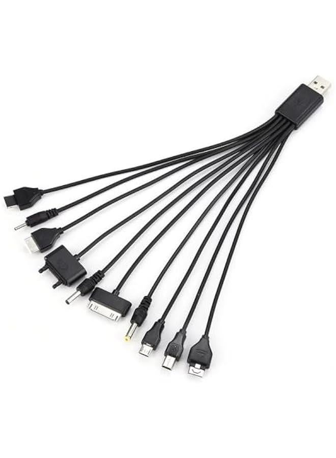 قطعة واحدة 10 في 1 كابلات USB متعددة الشحن باللون الأسود للهواتف المحمولة، سلك شحن USB 20 سم/7.87 بوصة، كابل شاحن الهاتف المحمول من USB إلى متعدد المقابس، كابل USB للهواتف الذكية، كابل شاحن 7.87 بوصة - Image 1
