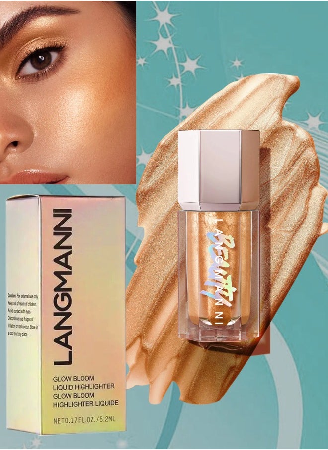 LANGMANNI - Glow Bloom Cream Liquid Highlighter Makeup Liquid Gold Glow Bloom Highlighter Shimmer Glitter Illuminating Cheek High Gloss Finish Face Highlighter Moisturizing Glitter Liquid Highlighter 03 - Image 1