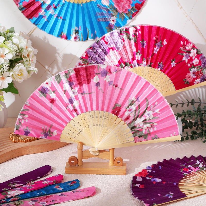 Zonon 4 Pack Handheld Floral Folding Fans Hand Held Silk Bamboo Fans with Tassel Women Hollowed Hand Foldable Fan with Fabric Sleeve for Dancing Wedding Decoration Gifts(Vintage Floral) - Image 2