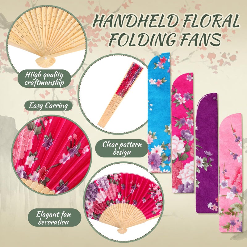 Zonon 4 Pack Handheld Floral Folding Fans Hand Held Silk Bamboo Fans with Tassel Women Hollowed Hand Foldable Fan with Fabric Sleeve for Dancing Wedding Decoration Gifts(Vintage Floral) - Image 5