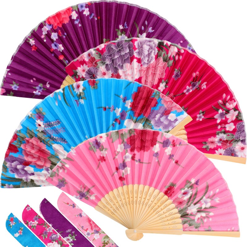 Zonon 4 Pack Handheld Floral Folding Fans Hand Held Silk Bamboo Fans with Tassel Women Hollowed Hand Foldable Fan with Fabric Sleeve for Dancing Wedding Decoration Gifts(Vintage Floral) - Image 1
