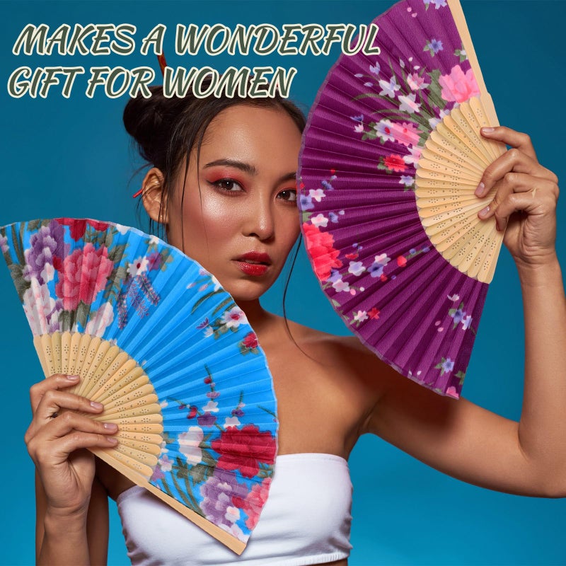 Zonon 4 Pack Handheld Floral Folding Fans Hand Held Silk Bamboo Fans with Tassel Women Hollowed Hand Foldable Fan with Fabric Sleeve for Dancing Wedding Decoration Gifts(Vintage Floral) - Image 4