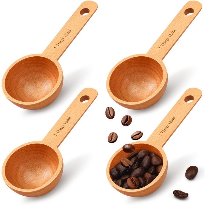 4 PIECES WOODEN SCOOPS FOR CANISTERS15ML COFFEE MEASURE SCOOP IN BEECH WOODEN TABLESPOON FOR MEASURING GROUND COFFEE BEANS TEA SUGAR JARS HOME KITCHEN ACCESSORIES