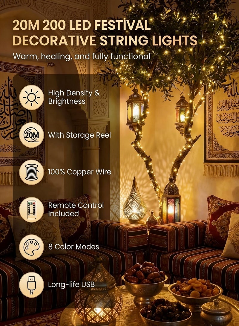 Nawāzīl 20M 200 LED Warm White Fairy String Lights with Storage Reel, Anti-Tangle Copper Wire, USB Powered Remote Control, 8 Modes for Bedroom, Living Room, Home Decor, Ramadan, Eid - Image 2