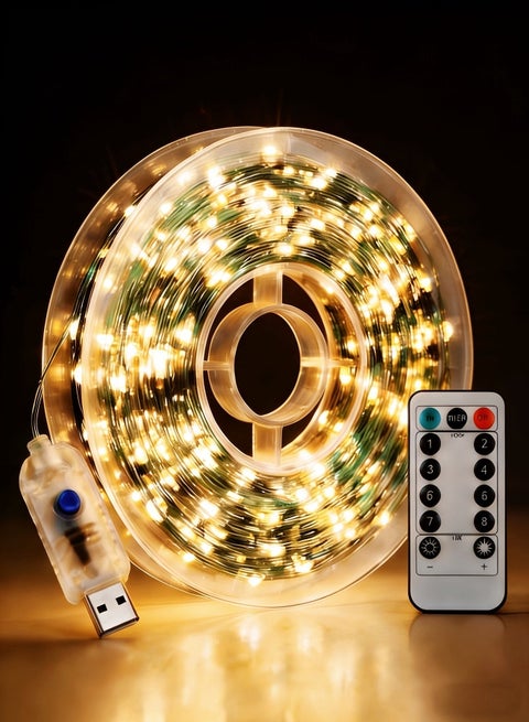 Nawāzīl 20M 200 LED Fairy String Lights with [Storage Reel], Anti-Tangle USB Powered Copper Wire, 8 Modes Remote, Warm White for Ramadan, Garden, Camping
