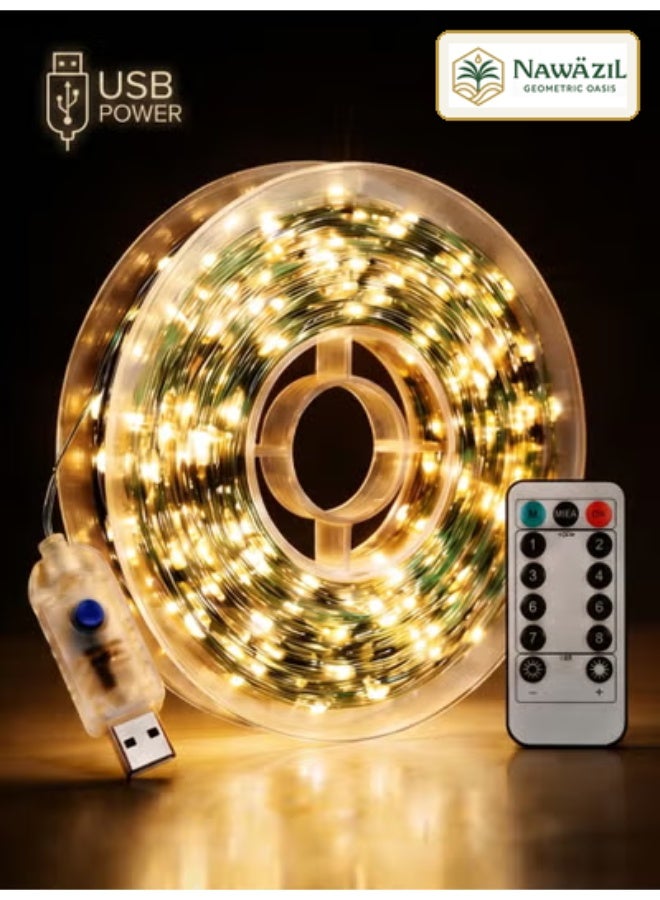 Nawāzīl 20M 200 LED Warm White Fairy String Lights with Storage Reel, Anti-Tangle Copper Wire, USB Powered Remote Control, 8 Modes for Bedroom, Living Room, Home Decor, Ramadan, Eid - Image 1