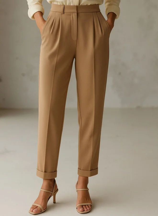 ساسافراس Beige High-Rise Pleated Formal Trousers for Women