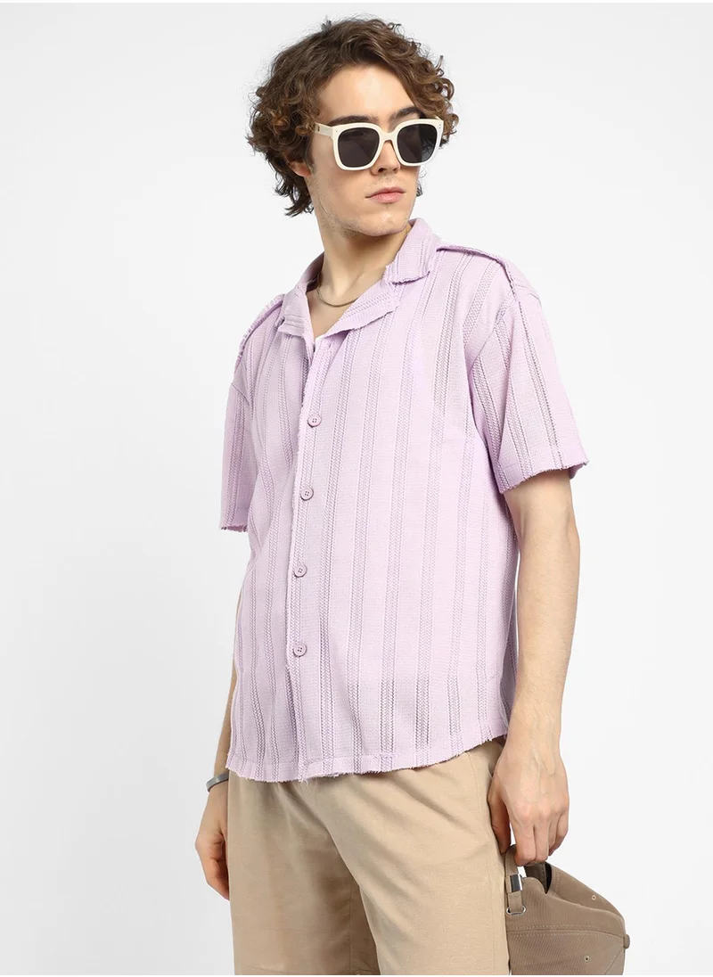Campus Sutra Men's Lilac Braid-Knit Oversized Shirt
