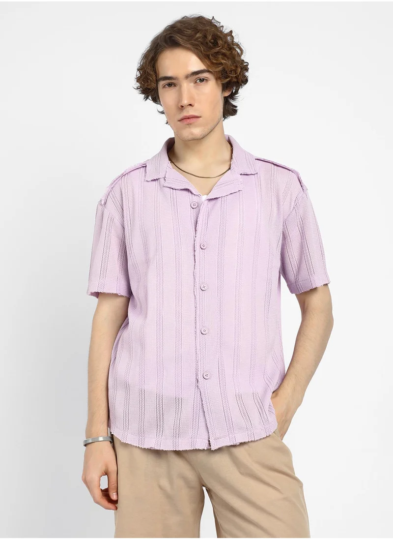 Campus Sutra Men's Lilac Braid-Knit Oversized Shirt