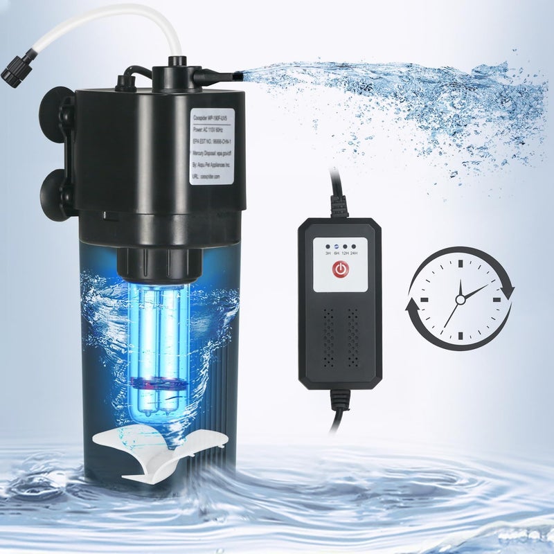 TARARIUM Aquarium U-V Filter for 10-40 gal, 132 GPH Swirl Turbo Design Submersible Internal Turtle Fish Tank Filter w/Timer, Quiet Power Pump Air Supply Green Clean Machine Saltwater Freshwater Green Killing - Image 1