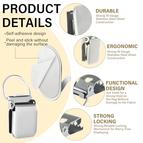 Yaocom 4 Set Tapestry Wall Hanging Clips Self Adhesive Wall Hanger Textile Art Decoration Metal Clips for Hanging Rugs Carpet Display, Silver - Image 4