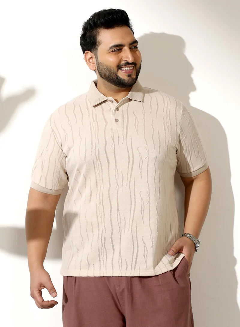 Instafab Plus Men Crevice-Jacquard Polo T-Shirt | Jacquard-Polo Neck, Short Ribbed-Cuff Sleeves | Half-Button, Straight Hem | Solid Jacquard Knitted Fabric For Casual & Daily | Cream White