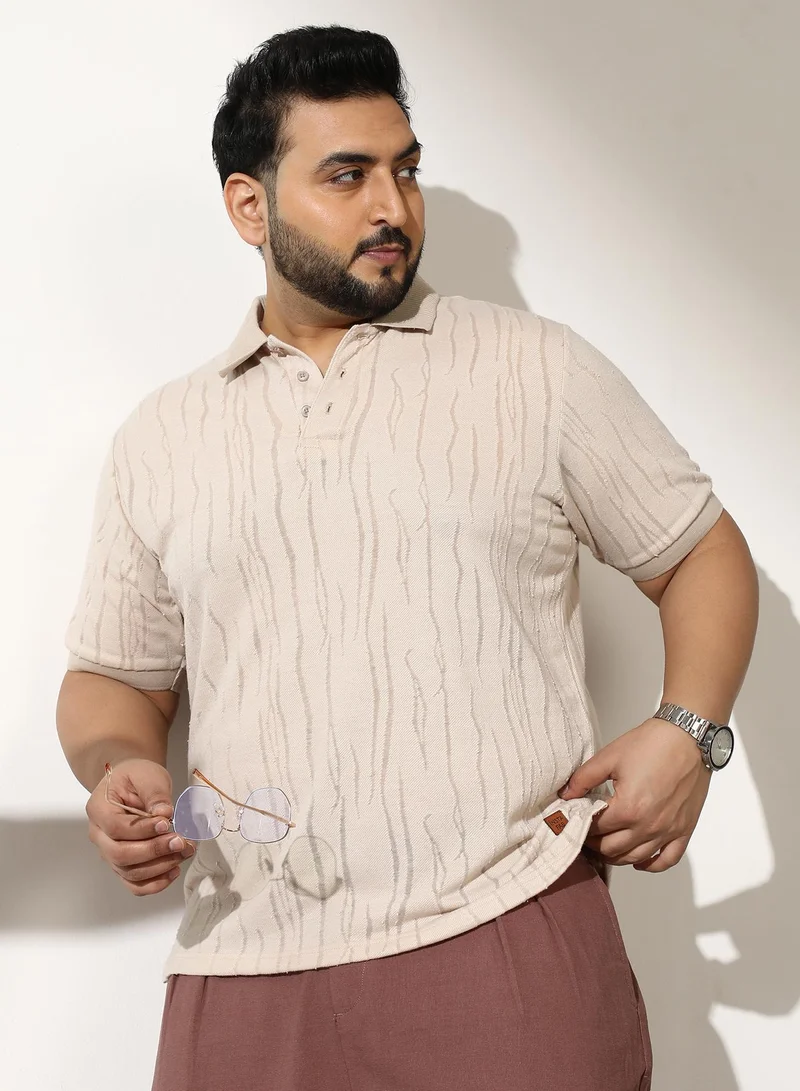 Instafab Plus Men's Cream White Crevice-Jacquard Polo T-Shirt