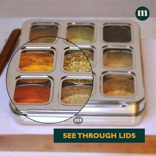 MARU Stainless Steel 9-in-1 Square Masala Dabba – Spice Box with 9 Round Containers, Individual See-Through Lids, and Durable Design for Easy Kitchen Storage (9 IN 1 Without inside lids) - Image 4