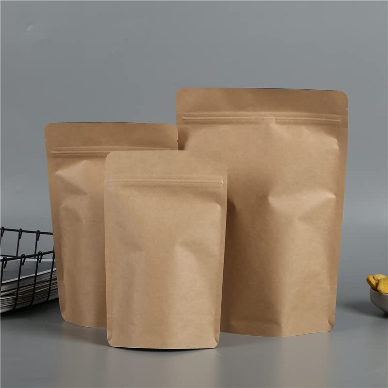 Adaamya Reusable Zip Lock Brown Kraft Stand Up Paper Pouch Bags without Rectangle Transparent Window TearAway Notch for MultiPurpose Storage Pack of 50 Pcs 400 gm - Image 4