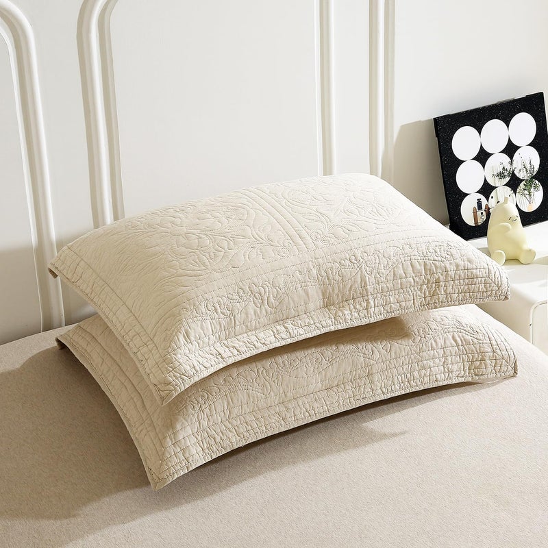 WINLIFE 100% Cotton Quilted Pillow Sham Floral Printed Pillow Cover (Standard, Beige) - Image 2
