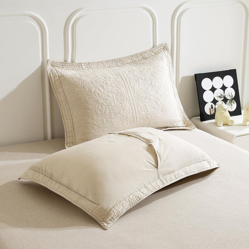 WINLIFE 100% Cotton Quilted Pillow Sham Floral Printed Pillow Cover (Standard, Beige) - Image 4