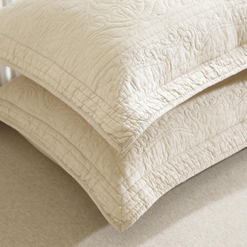 WINLIFE 100% Cotton Quilted Pillow Sham Floral Printed Pillow Cover (Standard, Beige) - Image 3