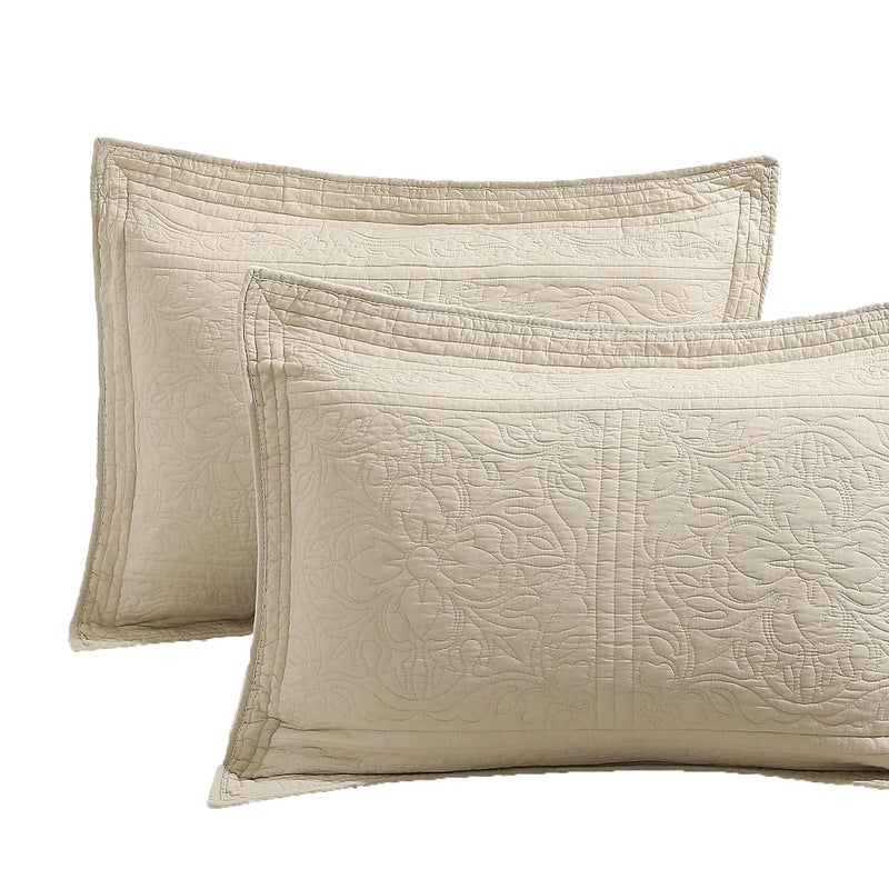 WINLIFE 100% Cotton Quilted Pillow Sham Floral Printed Pillow Cover (Standard, Beige) - Image 1