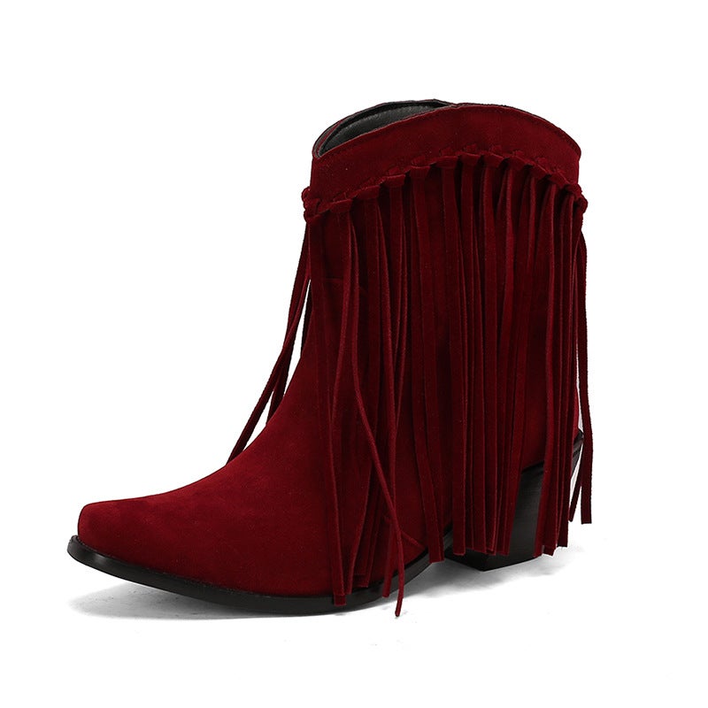 2024 New Winter Fashion High-Heeled Tassel Boots 40-48 Plus Size Small Pointed Low Boots For Women - Image 1