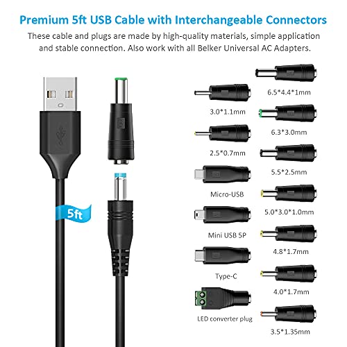 Belker Universal 5V DC 5.5 2.1mm Jack Charging Cable Power Cord, USB to DC Power Cable with 14 Interchangeable Plugs Connectors Adapters Compatible with 5V Devices Max Support 3A - Image 2